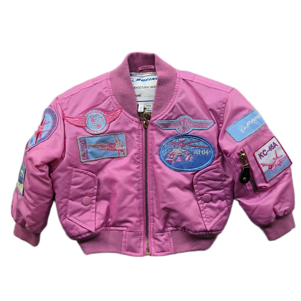 Boeing Flight Jacket Kids Girls 2T Pink Nylon Bomber Patches Map Lined Authentic